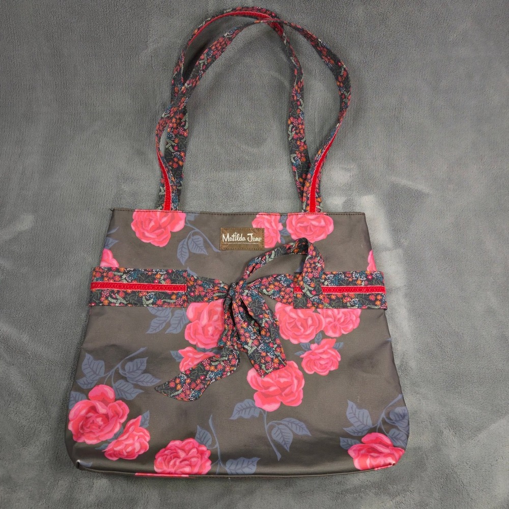 Matilda Jane Womens Floral Rose Print Tote Bag Large Gray Pink Cotton Bow